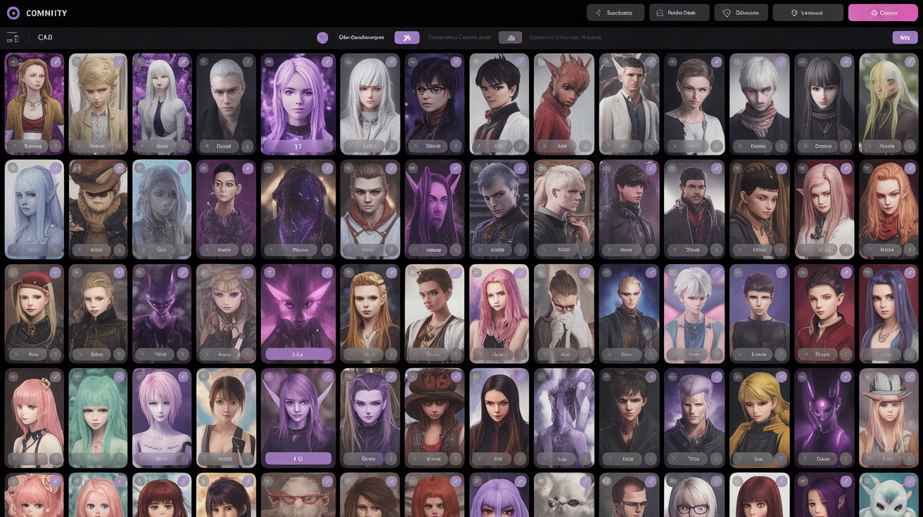 SpicyChat AI character library showcasing diverse anime, realistic, and fantasy AI avatars across multiple categories