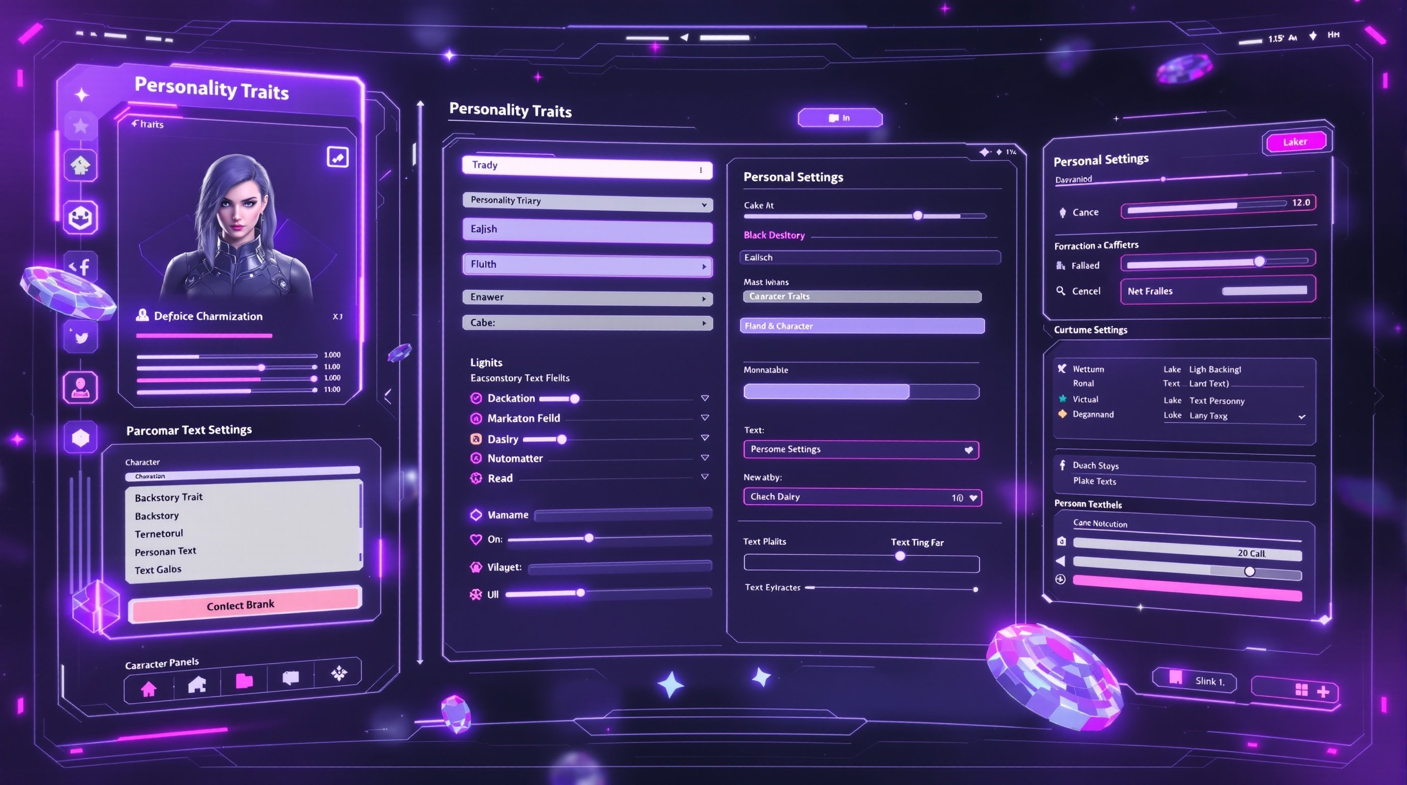 SpicyChat AI holographic character customization interface showing personality sliders and persona configuration options